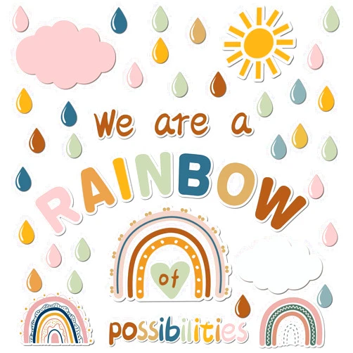 ZOIIWA Boho Rainbow Bulletin Board Set Decorations We are A Rainbow of Possibilities Cutouts Motivational Back to School Wall Decals Clouds Raindrops Sun Paper-Cuts for Classroom School Office Decor Supplies