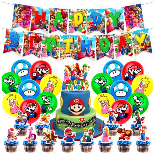 MC TTL Birthday Party Supplies For Mario Includes The Mario Inspired Happy Birthday Banner - Cake Topper - 24 Cupcake Toppers - 16 Balloons