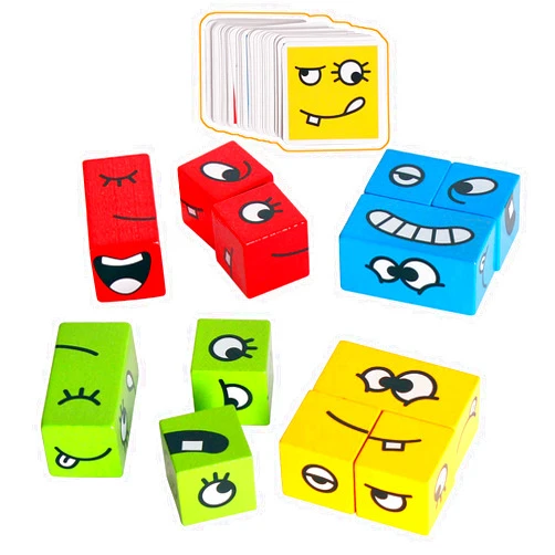 CHIYR Wooden Expressions Matching Block Puzzles Building Cubes Toy Borad Games Educational Montessori Toys for Kids Ages 3 Years and Up