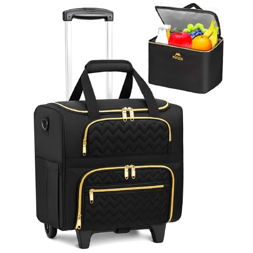 MATEIN Rolling Laptop Bag for Women, 15.6 Inch Rolling Briefcase with Wheels &Detachable Cart, Roller Computer Teacher Tote Bag with Insulated Lunch Box Gift for Nurse Work Business Office, Deep Black