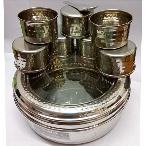 King International Stainless Steel Indian Hammered spice box, Indian Masala See Through Spice Shakers, masala box, steel masala dabba, Spice organizer with 7 spice containers size 8 X 8 inches.