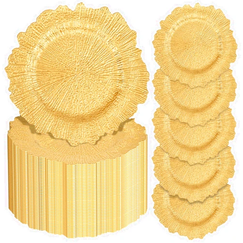 Pesonlook 50Pcs Gold Charger Plates Round 13inch, Reef Plate Chargers for Dinner, Bulk Plastic Floral Table Charger Plates for Dinner Wedding Party Event Table Setting Decoration(Gold)