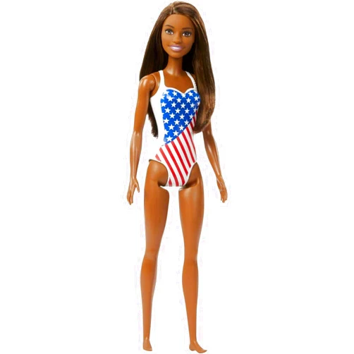 Barbie Doll with Beach Theme in American Flag Stars and Stripes Swimsuit, Brunette