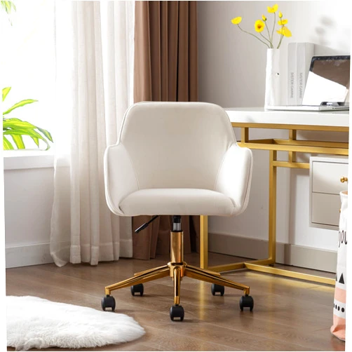 HHOK Office Gaming Desk Chair, Modern Velvet Fabric Material Adjustable Height 360 Revolving with Gold Metal Legs and Universal Wheels for Indoor - Ivory