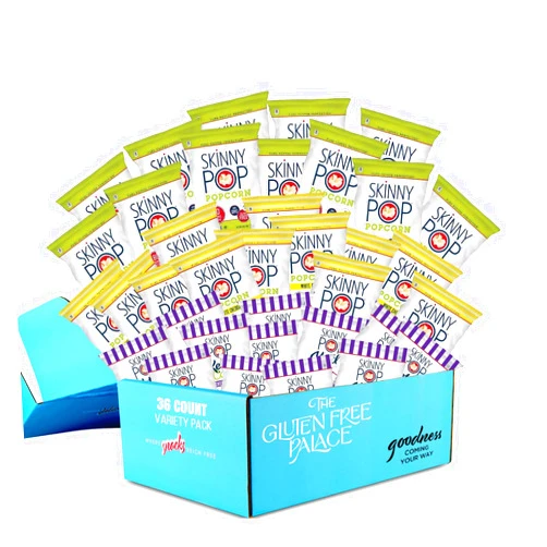 GLUTEN FREE PALACE SkinnyPop Popcorn Variety Pack - Pack of 36 Snack Packs In 3 Popcorn Flavoring - Sweet and Salty Kettle, Original, and White Cheddar Cheese - Low Calories Snack For Everyone - .5/.8 oz Snack Bags - Anytime Healthy Snack