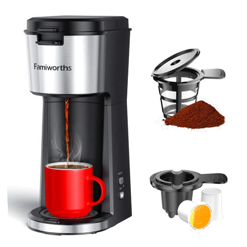 Famiworths Single Serve Coffee Maker for K Cup & Ground Coffee, With Bold Brew, One Cup Coffee Maker, 6 to 14 oz. Brew Sizes, Fits Travel Mug, Classic Black