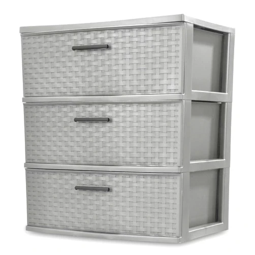 RAKTDA 3 Drawer Wide Plastic Weave Tower with Pull Handles,Decorative Storage Drawers for Bedroom, Closet, Office, Cement, 1-Pack