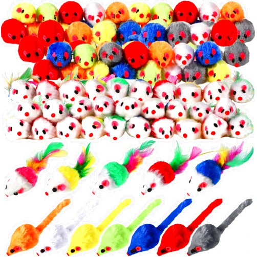 Syhood 120 Pcs Fur Mice Cat Toys Catnip Mouse Toys with Rattle Sound for Cats Mini Mice for Indoor Cats Kitten Interactive Play Assorted Color