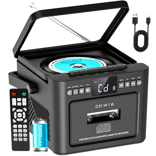 Greadio Rechargeable CD Player Boombox with Cassette Player, Bluetooth Receive/Transmit/FM Radio/USB/TF/AUX Combo, Boom Box with 5000mAh Battery, Remote Control, CD Boombox Players for Home Outdoor