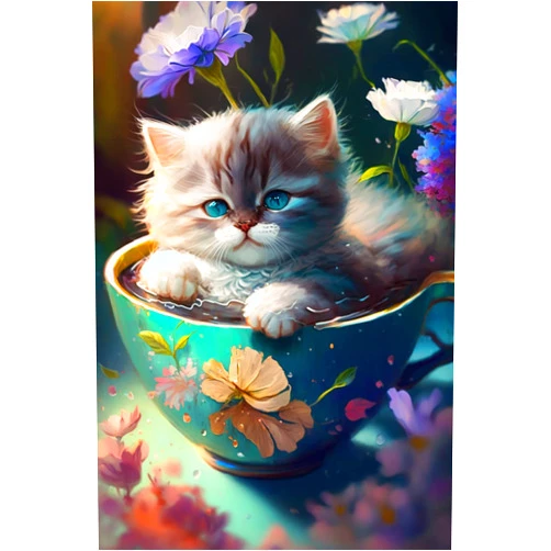 IHMOLN 5D Diamond Painting Kits Teacup Kitten Beginners by Number Paste Diamond Painting Kits, Cartoon Painting Kits Home Decor Bathroom Decor 20x30cm