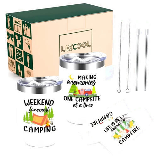 LiqCool - Camping Gifts, 2 Pack Camping Lover Tumblers with 1 PCE Kitchen Towel Set, Cool Camping Gifts for Men Women Couples, Outdoor Gifts for Picnics, Hiking, RV Campers, Birthday, Christmas 12 Oz