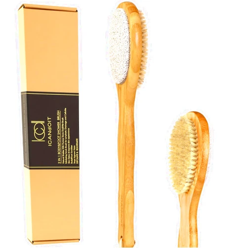 ICANdOIT 2 in 1 Long Handle Bath&Shower Brush,Bath Scrubber,Boar Bristle with Pumice Stone Exfoliate & Soften Skin,Dry Brushing Body Brush for Cellulite&Lymphatic Drainage