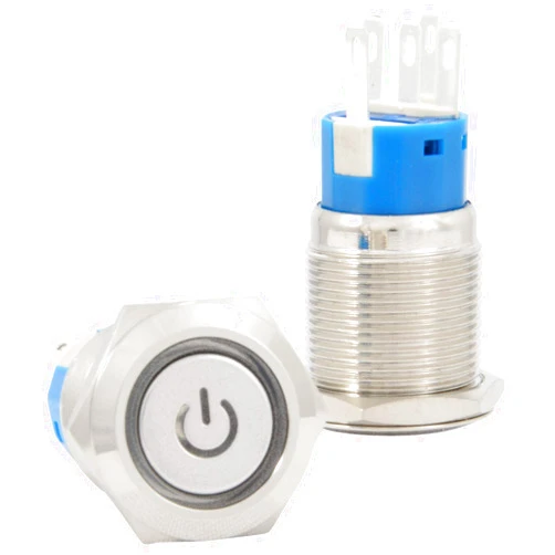 JacobsParts Latching Maintained Pushbutton ON/OFF Switch Circular Metal Silver with Blue Power Symbol LED Light fits 3/4