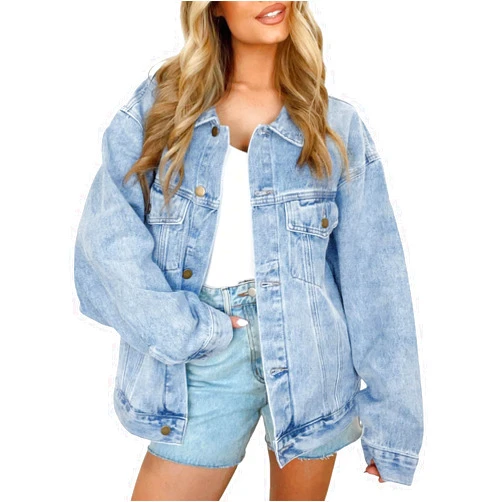 AUTOMET Women's Oversized Jeans Jacket, Classic Button Down Denim Jacket with Chest Pockets, Loose Fit Boyfriend Style Coat