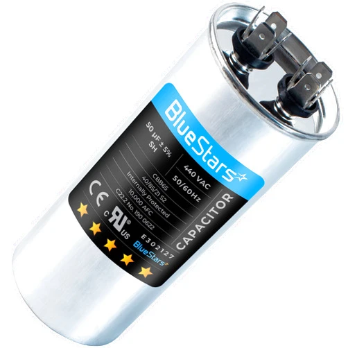 BlueStars 50 uf ± 5% MFD 370 V VAC or 440 V CBB65 Volt Motor Run Round Capacitor - Compatible for AC Condenser Straight Cool or Heat Pump Conditioner
