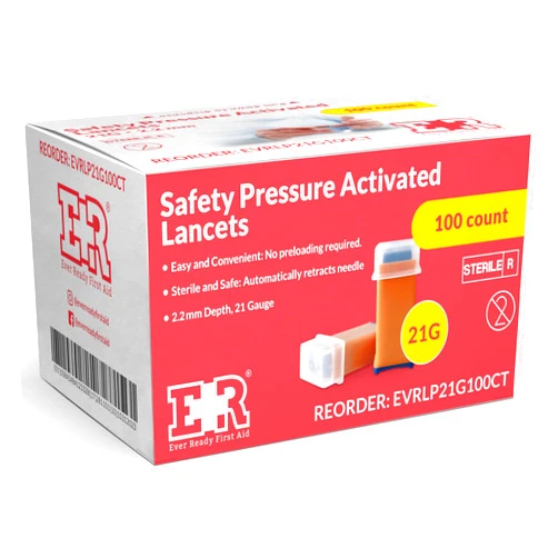 Ever Ready First Aid Safety Pressure Activated Lancets, Sterile Push Lancets – 2.2mm 21 Gauge for Blood Sugar Testing - 100 Count
