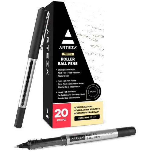 ARTEZA Rollerball Pens, Pack of 20, 0.5mm Black Liquid Ink Pens for Bullet Journaling, Fine Point Rollerball, Office Supplies for Writing, Taking Notes & Sketching