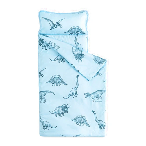 Wake In Cloud - Toddler Nap Mat with Pillow and Blanket, for Kids Boys Girls in Kindergarten Daycare Preschool Pre K, Roll Up Sleeping Bag, Jurassic Dinosaur Dino, Light Blue, Standard
