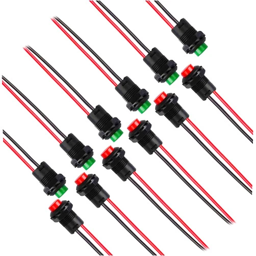 Lkelyonewy 12mm Mini Latching Push Button on Off Switch Prewelded Wire,Self-Locking Micro Round Momentary Toggle Tactile Switch,2pin 12v red * 6pcs,Green*6pcs,Total 12pcs,lkelyonewy