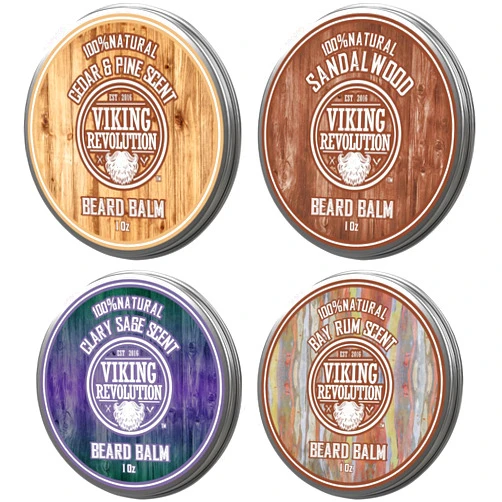 Viking Revolution 4 Beard Balm Variety Pack (1oz Each)- Sandalwood, Pine & Cedar, Bay Rum, Clary Sage- Styles, Strengthens & Softens Beards & Mustaches - Leave in Conditioner Wax for Men