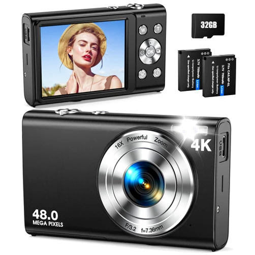 Anteam Digital Camera, Autofocus 48MP UHD 4K Vlogging Camera 16X Digital Zoom, Portable Compact Point and Shoot Digital Camera for Teens Adult Beginner with 32GB Card, 2 Batteries, Lanyard(Black)