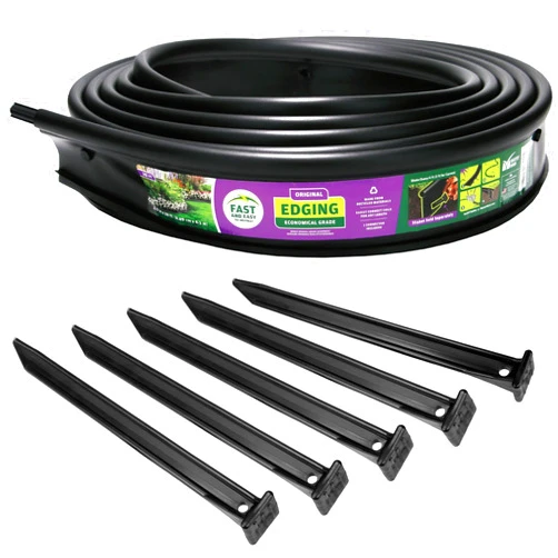 Master Mark Original Plastic Landscape Edging Roll with 5 Anchoring Stakes, Flexible 20-Foot Coil for Gardens, Flower Beds, and Lawn, Garden Border, Black