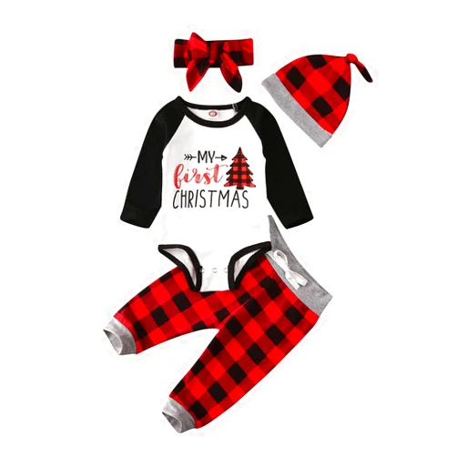 FYBITBO My First Christmas Baby Boy Girl Outfits Newborn Long Sleeve Romper Bodysuit Pants Hat 1St Christmas Clothes Set