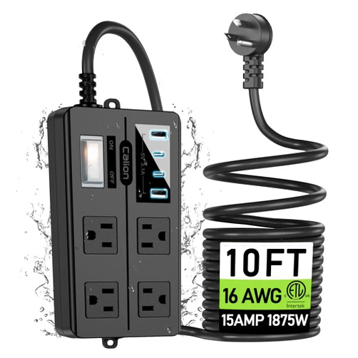 CALIONLTD Outdoor Power Strip Weatherproof, IPX6 Waterproof Extension Cord Multiple Outlets with USB Ports, Overload Protection Shockproof,Electrical Power Strip Wall Mountable for Outdoor Decorations…, Black