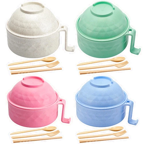 Romooa 4 Sets Microwave Ramen Cooker Bowl Set 33 oz Quick Ramen Cooker with Handles Ramen Noodle Cooker with Spoon Chopsticks Fork College Dorm Room Apartment Essentials(Fresh Colors)