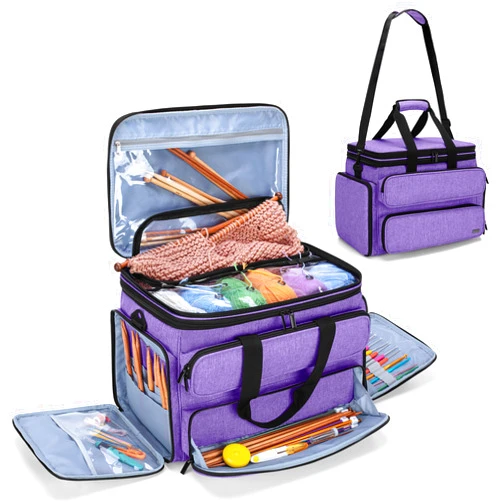 YARWO Knitting Yarn Bag, Portable Crochet Storage Tote with Double Top Cover and Yarn Holes for Knitting Needles(Up to 14”), Unfinished Projects and Skeins of Yarn, Purple