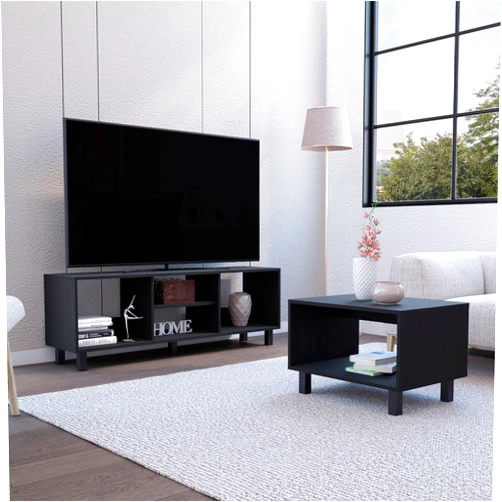 DEPOT E-SHOP Carter 2 Piece Living Room Set, Streamlined with TV Stand and Coffee Table, Black