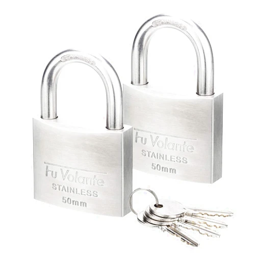 Fu Volante Stainless Steel Pin Tumbler Padlock, 304 Marine Series, Weatherproof Padlock for Outdoor use, 2 inch Wide Body, Keyed Alike Locks- Stainless Steel Body & Shackle-2 Pack
