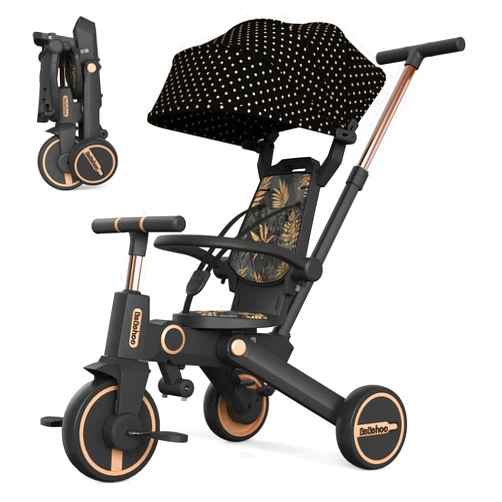 Bebehoo Tricycle Stroller for Toddler,Foldable Baby Tricycle,Kids Balance Bike with Push Handle,Toddlers Stroller Bike with 1 to 5 Years,7-in-1 Push Tricycle Bike for Kids(Gold)