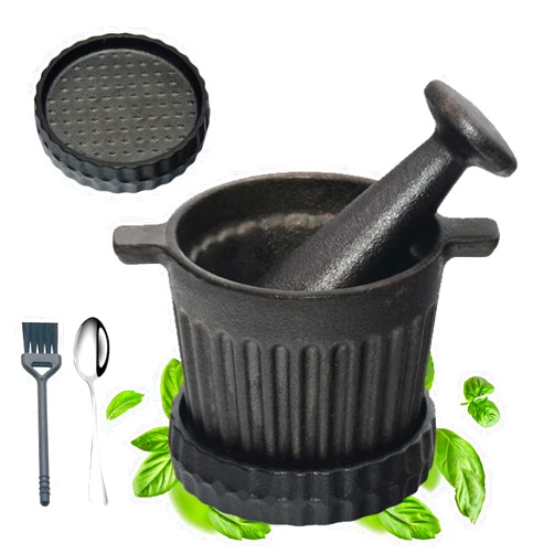 UKENEM UKEMEN Cast Iron Mortar and Pestle Set, 3-Piece Small Garlic Grater Plate with Brush and Scoop, Heavy Duty Muddler and Bowl Grinder Set Perfect for Guacamole/Spices/Herbs/Solid/Metal/Glass/Rock
