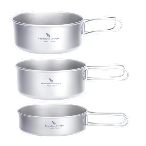 Boundless Voyage Titanium Pots Pans Set Camping Cookware 500ml 600ml 700ml Bowls Outdoor Portable Lightweight Stackable Cooking Kit with Folding Handle 3 Pieces Set Tableware for 1-3 Person Ti2032C