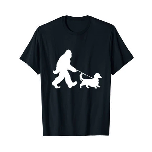 Retro Sasquatch Lover Doxie Wiener Dog Walker Bigfoot Walking a Dog Funny Dachshund Weiner Dog Dad Weenie T-Shirt