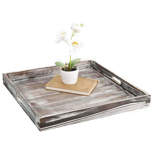 MyGift 19-inch Square Rustic Torched Wood Ottoman Tray with Vintage Metal Side Accent Wraps