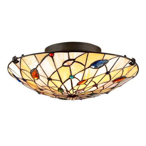 Quoizel TF1409SVB Graham Interior Lighting Tiffany Style Yellow & Creamy Art Glass Accented with Blue Green Orange Jewels Round Flush Mount, 2-Light 150 Total Watts, 6