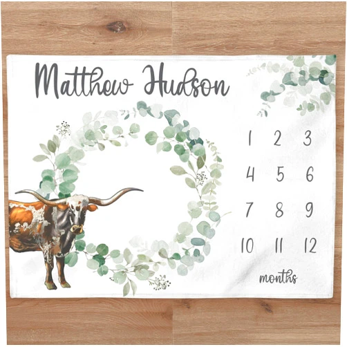 UnoCo Longhorn Cow Milestone Blanket, Farm Boy Blanket, Personalized Greenery Wreath Baby Boy Month Blanket, Newborn Gift, HHQ63_BLKBB019_11