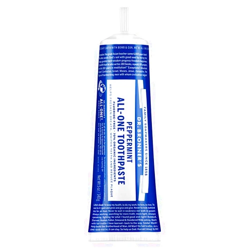 Dr. Bronner's Dr. Bronner’s - All-One Toothpaste (Peppermint, 5 ounce) - 70% Organic Ingredients, Natural and Effective, Fluoride-Free, SLS-Free, Helps Freshen Breath, Reduce Plaque, Whiten Teeth, Vegan