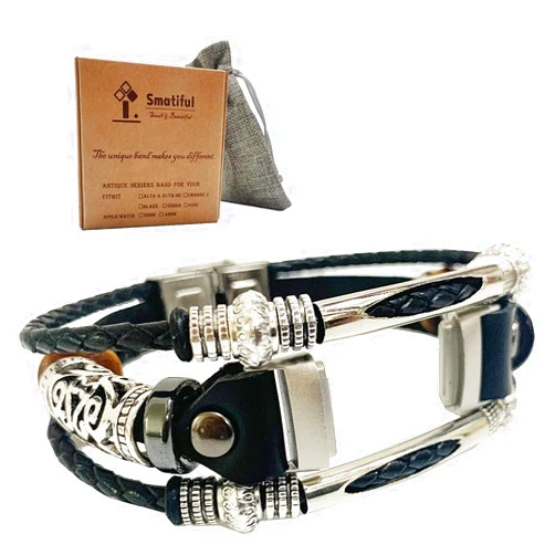Smatiful Fancy Bands (Small Mediume Large XL are All Ok) with Stainless Steel Clasp and Gunmetal Parts for Women, Leather Watch Band for Fitbit Luxe Fitness & Wellness Tracker, Classic Black