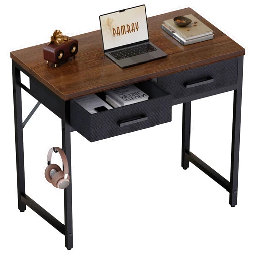 Pamray 32 Inch Small Computer Desk with 2 Drawers for Bedroom Study Writing Home Office Table for Small Spaces Brown