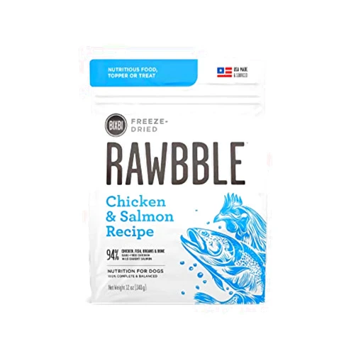 BIXBI Rawbble Freeze Dried Dog Food, Chicken & Salmon Recipe, 12 oz - 94% Meat and Organs, No Fillers - Pantry-Friendly Raw Dog Food for Meal, Treat or Food Topper - USA Made in Small Batches