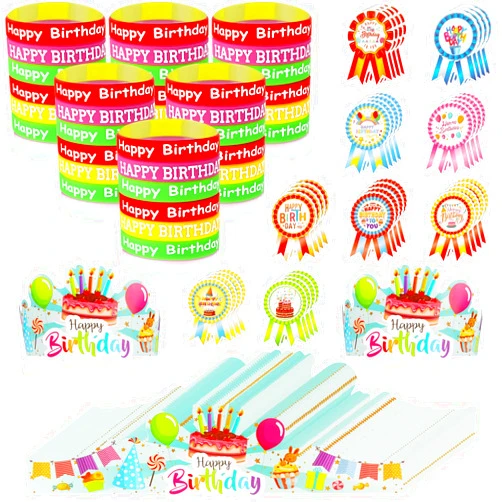 Sherr 108 Pcs Happy Birthday Kits for Kids Classroom, Including Happy Birthday Crowns Paper Party Hats with Elastic Band Badge Stickers Colored Silicone Stretch Wristbands for Kindergarten Party Supplies