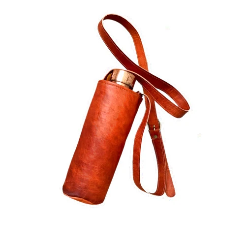 VISHWA CUERO ART Reusable leather wine bottle carrier, unisex water bottle holder, stylish, convenient (brown)