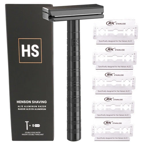 Henson Shaving Razor - Jet Black Double Edge Safety Razor with 5 Spare Blades - 30° Angled Precision With Superior Blade Rigidity- Reusable Single Blade Razors For Men and Women - Mild Aggression