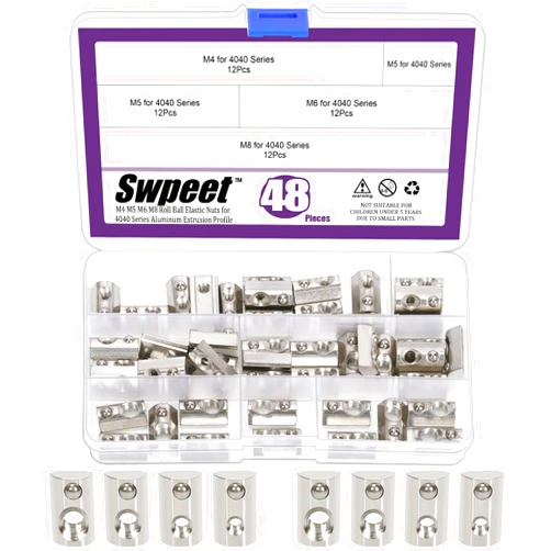 Swpeet 48Pcs 3030 Series Carbon Steel Nickel Plated Roll-in Spring T Nut M4 M5 M6 M8 Assortment Kit, T Slot Nuts, Roll Ball Elastic Nuts for 3030 Series Aluminum Extrusion Profile Rail