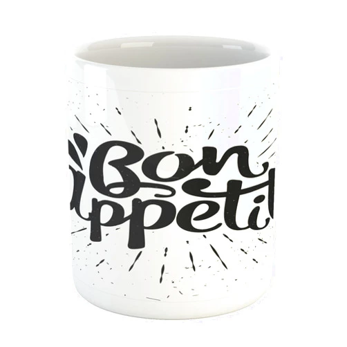 Lunarable Bon Appetit Mug, Hand Lettering Words with Starburst Dashed Lines and Grunge Dots, Printed Ceramic Coffee Mug Water Tea Drinks Cup, Charcoal Grey and White