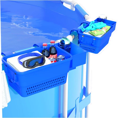 Tafatee Poolside Storage Basket with Cup Holder Hooks,Stretchable Pool Toy Basket for Most Frame Pools Pool Accessories for Above Ground Swimming Pools Blue(2 Pack)