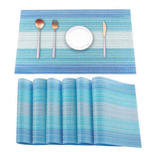 HeloHo Blue Placemats Set of 6,Stain-Resistant Kitchen Table Mats Washable Placemats Crossweave Woven Vinyl Placemat for Kitchen Dining Table